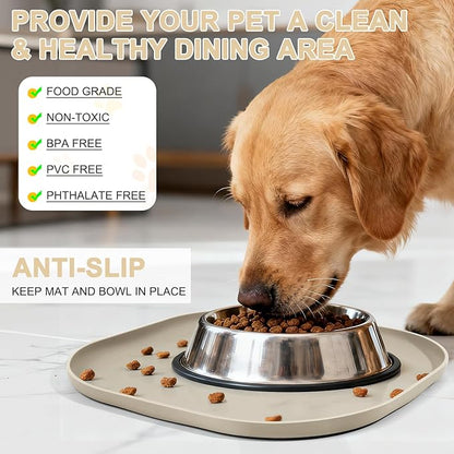 Smilool Small Silicone Pet Food Mat with Raised Edge for Food and Water Bowl, Square Dog Feeding Mats, Cat Food Trays for Floor Waterproof, Rubber Tray for Dogs and Cats, 12 x 12 x 0.7 Beige