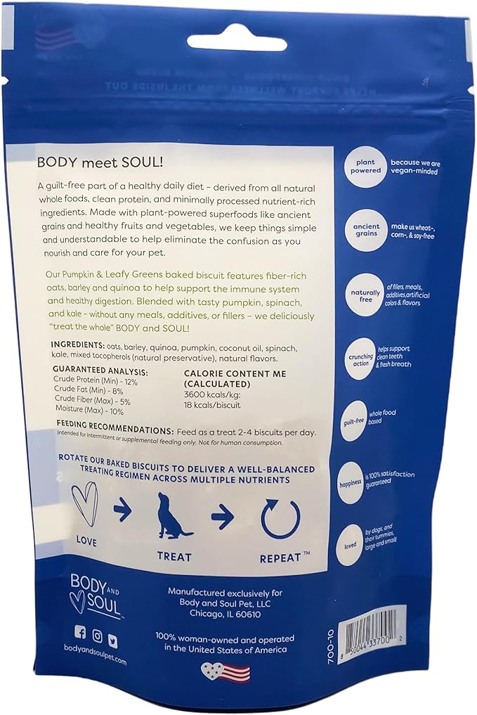 Body and Soul Pumpkin + Leafy Greens Crunchy Premium Healthy Training Dog Treat Superfood Oven Baked Biscuits Oats, Barley & Quinoa Clean Natural Plant Protein, No Additives No Filler Made in USA 10oz