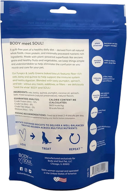Body and Soul Pumpkin + Leafy Greens Crunchy Premium Healthy Training Dog Treat Superfood Oven Baked Biscuits Oats, Barley & Quinoa Clean Natural Plant Protein, No Additives No Filler Made in USA 10oz