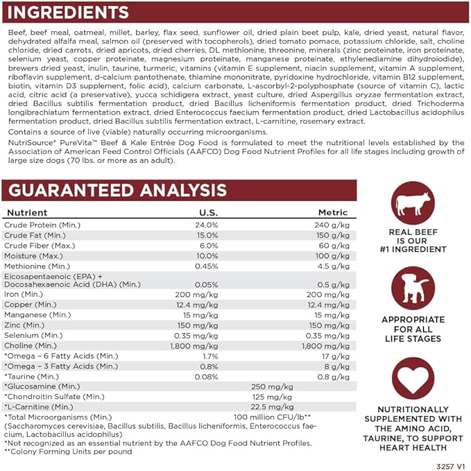 NutriSource Pure Vita Beef & Kale Dog Food, 25LB