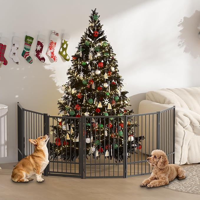 SNUOWU Full Metal Freestanding Dog Gate with Door, 32''Height Foldable Pet Dog Fence for Indoor & Outdoor, 6 Panels Extra Wide Free Standing TallDog Gates for Doorways,House,Stairs,Porch,Deck,Yard
