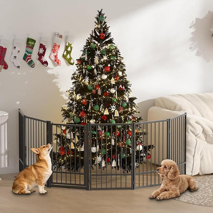 SNUOWU Full Metal Freestanding Dog Gate with Door, 32''Height Foldable Pet Dog Fence for Indoor & Outdoor, 6 Panels Extra Wide Free Standing TallDog Gates for Doorways,House,Stairs,Porch,Deck,Yard