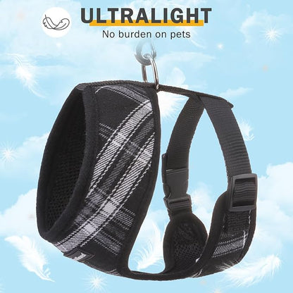 SCENEREAL No Pull Dog Harness Collar and Leash Set Small Medium Sized Dog, Soft Mesh Puppy Harnesses, No Chock Plaid Adjustable Pet Vest for Outdoor Walking Training and Running, Black S