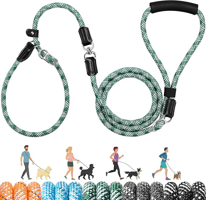 SlowTon Slip Lead for Dogs - Hands Free No Tangle Adjustable 5-7 FT 1/2” Rope, Heavy Duty Nylon Leash for Large Medium Dogs that Pull, No Pull Training Slip Leashes, 20-120lb, Green