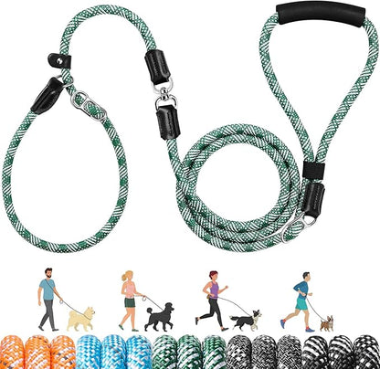 SlowTon Slip Lead for Dogs - Hands Free No Tangle Adjustable 5-7 FT 1/2” Rope, Heavy Duty Nylon Leash for Large Medium Dogs that Pull, No Pull Training Slip Leashes, 20-120lb, Green