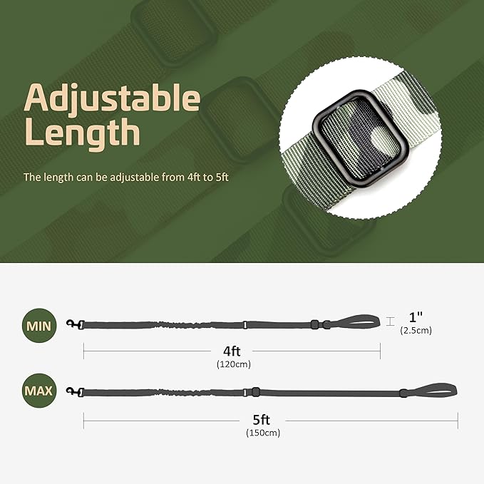 Forestpaw Tactical Dog Leash for Large Dogs,Heavy Duty Bungee Dog Leash with Shock Absorption,2 Padded Handles for Training Running Walking,Adjustable 4-5FT,Camo Green