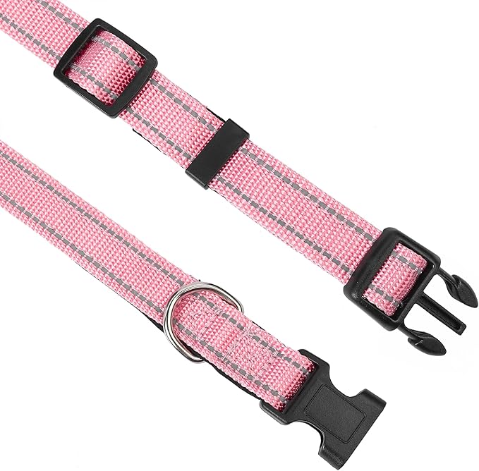 Reflective Dog Collar, Adjustable Soft Neoprene Padded Nylon Pet Collars with Buckle for Large Dogs, Light Pink,L