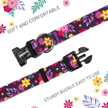 QQPETS Adjustable Soft Dog Collar: Print Flower Pink Multicolor Cute Patterns for XS Small Medium Large Pet Girl Boy Puppy Walking Running Training (S, Elegant Purple)