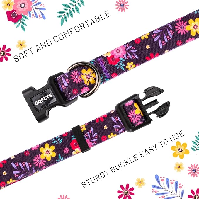 QQPETS Adjustable Soft Dog Collar: Print Flower Pink Multicolor Cute Patterns for XS Small Medium Large Pet Girl Boy Puppy Walking Running Training (M, Elegant Purple)