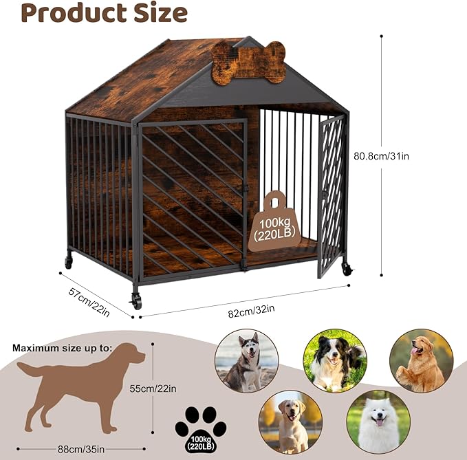 Furniture Dog Crate for Small & Medium Dogs, 32" Gable Roof Indoor Kennel with Double Locking Doors, Escape Proof Chew Proof Metal Dog Cage, Heavy Duty Wood-Style Crate for Home Decor, Rustic Brown