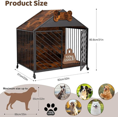 Furniture Dog Crate for Small & Medium Dogs, 32" Gable Roof Indoor Kennel with Double Locking Doors, Escape Proof Chew Proof Metal Dog Cage, Heavy Duty Wood-Style Crate for Home Decor, Rustic Brown