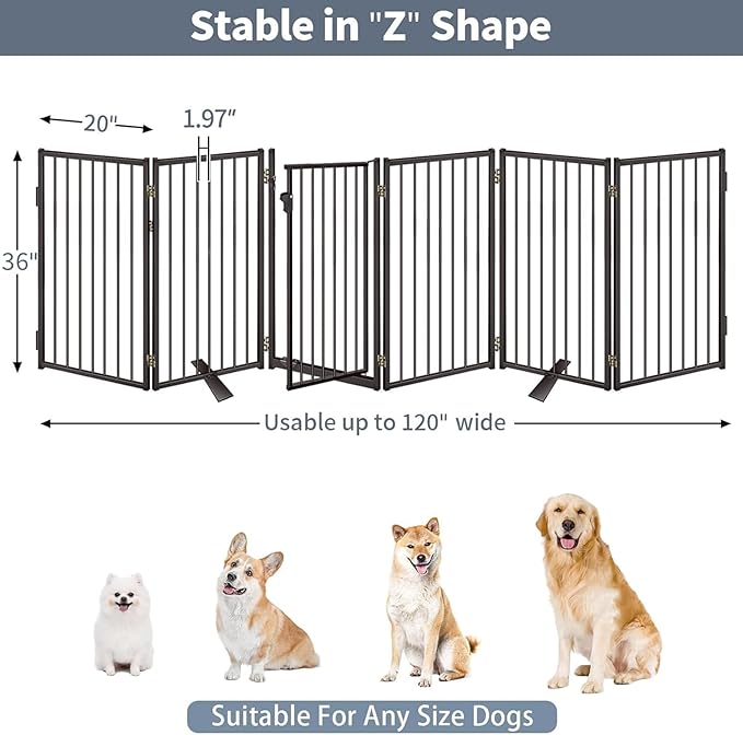 Metal Freestanding Dog Gates with Door for Outdoor Indoor,120'' Extra Wide 36'' Tall Free Standing Dog Gate for Doorways,Large Openings,Deck,Yard,Porch,Foldable Safety Pet Fence(Black,6 Panels)