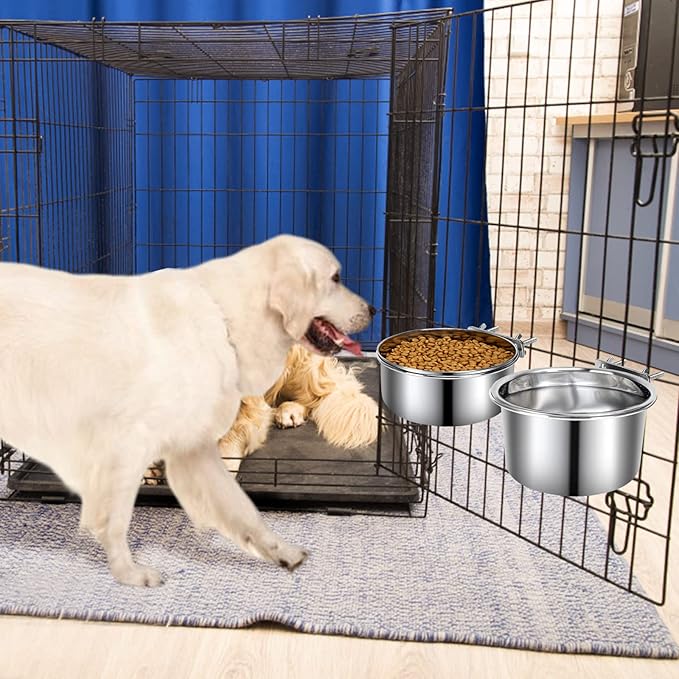 2 Pcs Large Pet Dog Food Water Bowl for Cage Stainless Steel Non-Spill Kennel Hanging Cats Bowls with Clamp Holder Crate Feeder Dish for Medium Large Dogs Huge Pets (7.1x3.5'' & 6.3x2.6'')