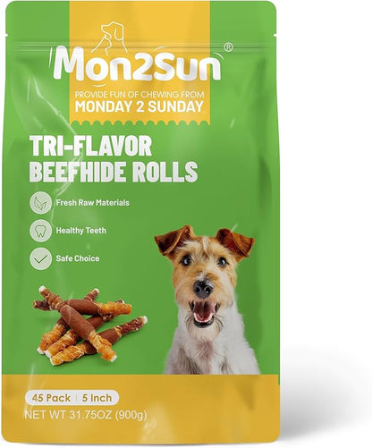 MON2SUN Dog Treats, Triple Flavor 5 Inch Chicken Liver Duck and Chicken Wrapped Rawhide Snacks for Small and Medium Dogs, 31.75 Oz (45 Count-Pack of 1)
