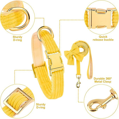 Dog Collar and Leash Set with Bowtie, Girl Dog Collars Metal Buckle Adjustable for Small Medium Dogs (Yellow, S: Neck 10"-16" Leash 5 FT)