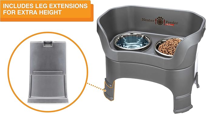 Neater Feeder Deluxe Mess-Proof Elevated Dog Bowls for Large Dogs (40+ lbs), 2 Height Adjustable (14.5” & 17.5”) No-Spill Raised Dog Bowl Stand w/Slow Feed Bowl for Food, Made in USA, Grey