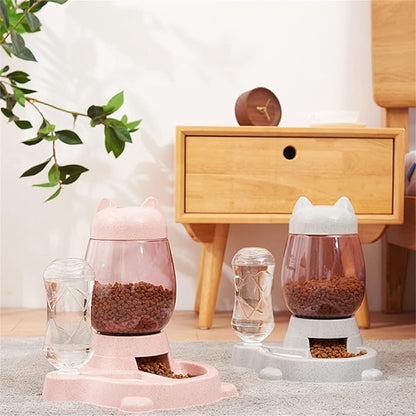 Automatic Cat & Dog Feeder Set - Self-Dispensing Food and Water Bottle Dispenser, Large Capacity (Grey)