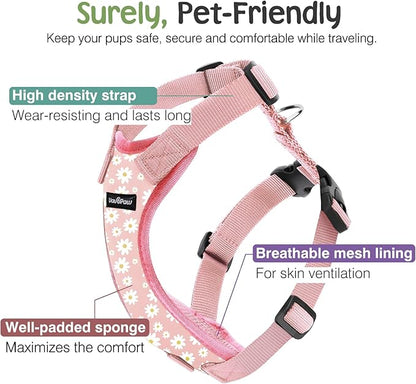 VavoPaw Dog Seat Belt, Safety Vest Dog Car Harness with Adjustable Buckle Dog Seat Belt for Vehicle Nylon Pet Safety Seat Belts Heavy Duty(L, Pink Daisy)