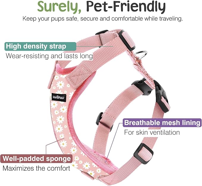 VavoPaw Dog Seat Belt, Safety Vest Dog Car Harness with Adjustable Buckle Dog Seat Belt for Vehicle Nylon Pet Safety Seat Belts Heavy Duty(M, Pink Daisy)