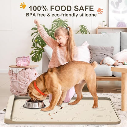 Dog Food and Water Mat 28x20 Inch Sand Color - Non-Slip Silicone Mat with High Edges & Residue Pocket - Waterproof Pet Feeding Mat for PET