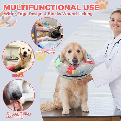PAWCHIE Inflatable Dog Cone Collar Alternative, Soft Dog Cone for Medium to Large Dogs After Surgery, Adjustable Neck Recovery E-Collars Donut Collar with Cute Dinosaur Prints, Grey XL