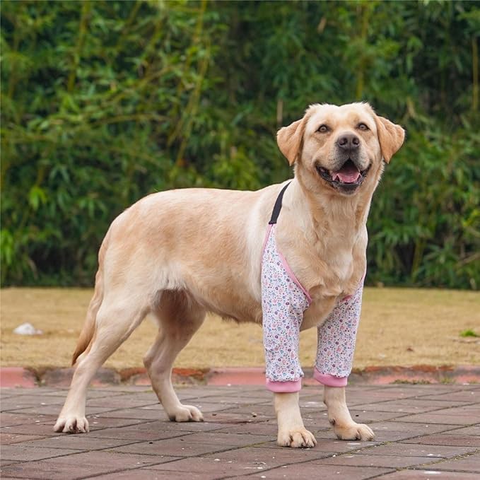 HDKUW Dog Elbow Protector for Calluses, Recovery Suit for Front Legs, Cone Collar Alternative to Stop Licking Wounds, Cover Sleeve for Small Medium Large Dogs - Floral L