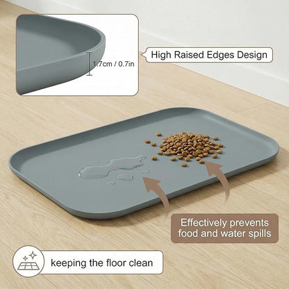 BLESWIN Non-Slip Silicone Dog Food Mat for Food and Water, 18" x 12" Raised Edge Pet Feeding Mat - Waterproof Dog Bowl Mat Easy Clean for Floor Protector,Grey