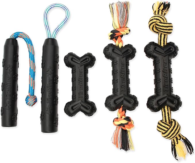 Mammoth Pet Products TireBiterII e with Cotton-Poly Rope – Natural Rubber Dog Toys for Extreme Chewers – Dog Toys for Extra Long Interactive Play – Aggressive Chewer Toys for Dogs - Large 16”, Black (31023F)