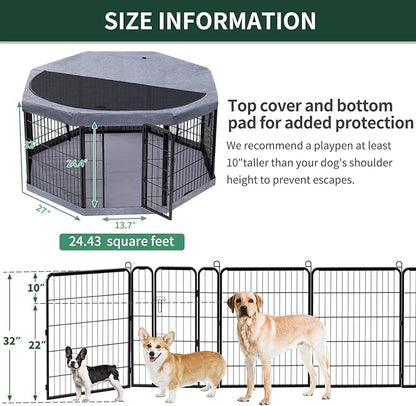 PETIME Dog Playpen,Metal Exercise Puppy Pen Heavy Duty Kennels Yard Fence Indoor/Outdoor 27" W x 32" H 8 Panels Dog Cage with Octagon Top Cover and Bottom Pad