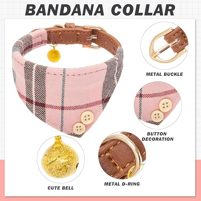 EXPAWLORER Dog Collar Bandana Set - Classic Plaid Dog Bow Tie and Bandana Collar with PU Leather, Adjustable Collars for Small Medium Large Dogs Cats, Holiday Ideal Gift, Pink XS