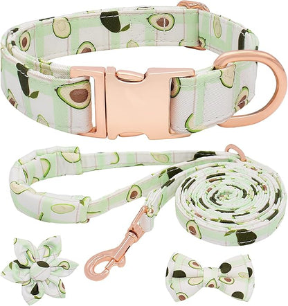 Dog Collar and Leash Set Adjustable Girls Puppy Floral Collars with Bow Tie for Small Medium Large Dogs(L, Avocado)