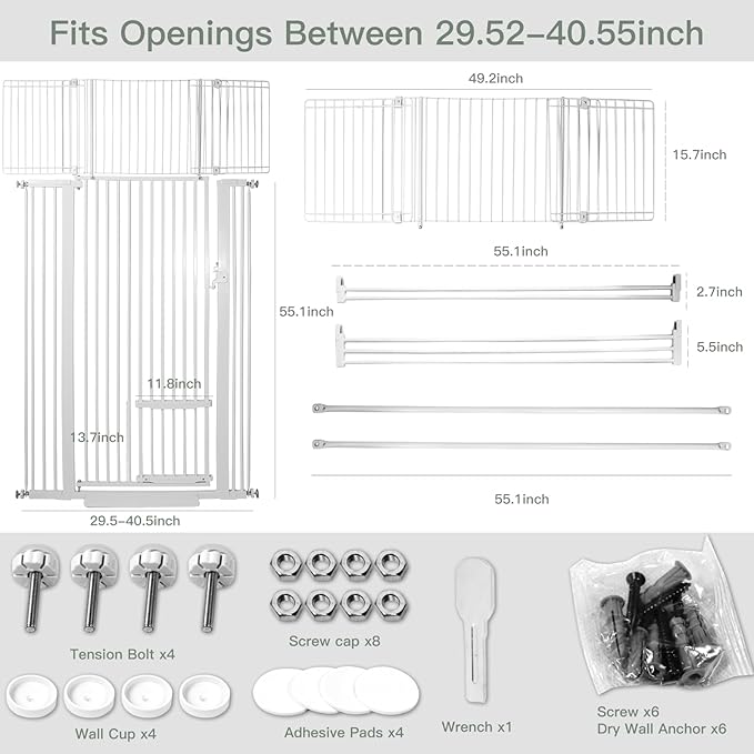 SHYUJAJIE 71 Inch Extra Tall Pet Gate with Small Cat Door, 29.55"-40.55" Adjustable Wide Dog Gate, Tall Cats Gates for Doorway, Stairs, House(White)