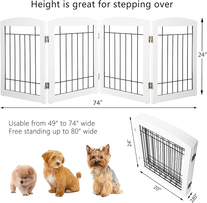 Dog Gate - 4 Panel Foldable Pet Gate Indoor for Doorways, House, Stairs, Freestanding Gate for Dogs - 80x24 -Inch Puppy Safety Fence by PAWLAND, White