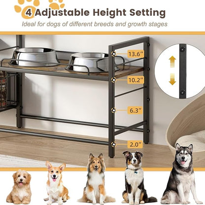 Elevated Dog Bowl Stand with 2 Feeding Stations, Adjustable Raised Feeding Station Cabinet with Toy Bin Basket, Lifted Food and Water Bowl Holder, Pet Storage Organizer for Large Medium Small Dogs