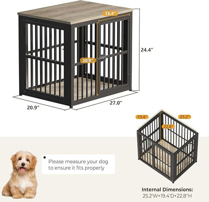 Lyromix 27'' Dog Crate Furniture with 3 Doors,Wooden Crate End Table Heavy Duty Indoor Puppy Cage for Small Dogs, Multiple Units Can be Combined, Grey