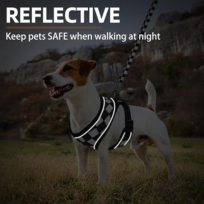 PUPTECK Soft Mesh Dog Harness and Leash Set Pet Puppy Cat Comfort Padded Vest No Pull Harnesses, Checkered Black&White, L