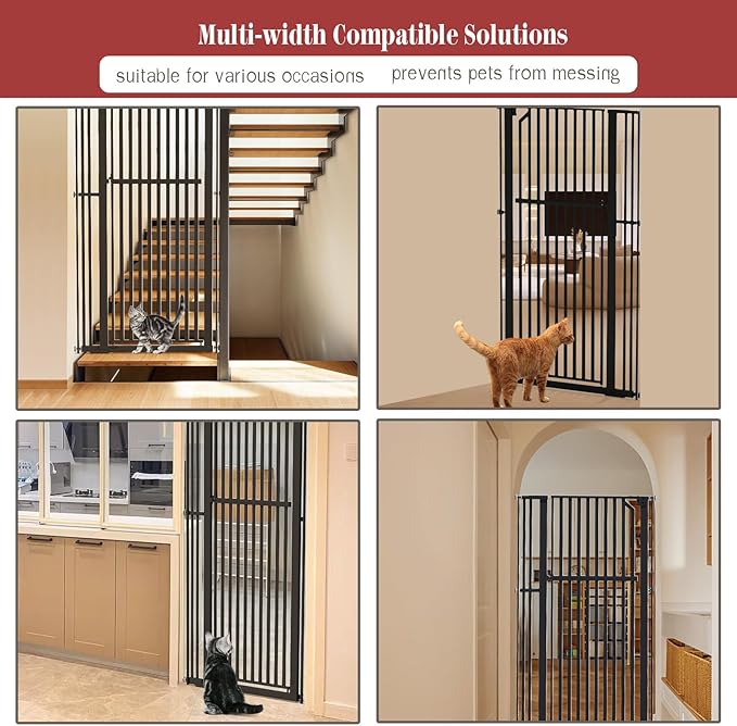 Glaf Extra Tall Pet Gate 63" Pressure Mounted Cat Door Safety Metal Cat Gate Adjustable Width Dog Door Auto-Close Dog Gates for Doorways, Stairs, Kitchen, Hallway (Black, 33.86-37.4")