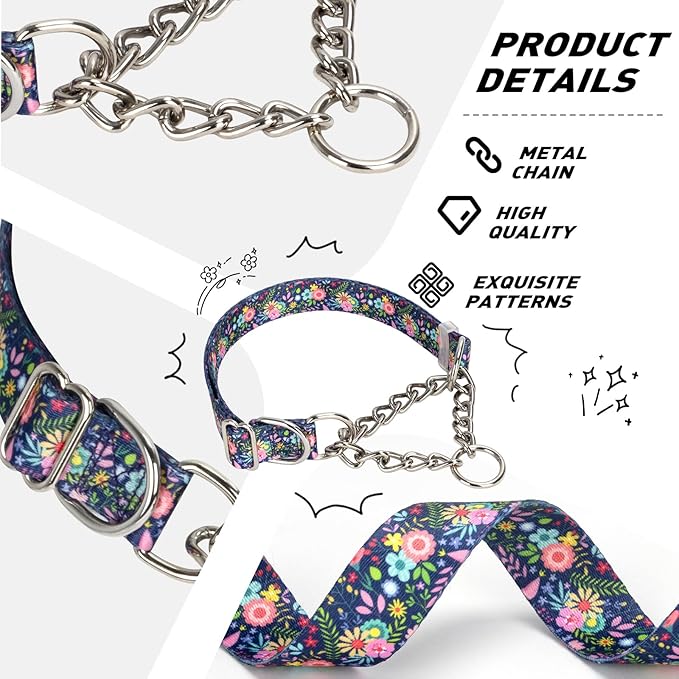 Martingale Collar for Dogs with Chain,Adjustable Nylon Floral Slip No Pull Training Dog Collars for Medium, Large & XL Dogs(Floral L)