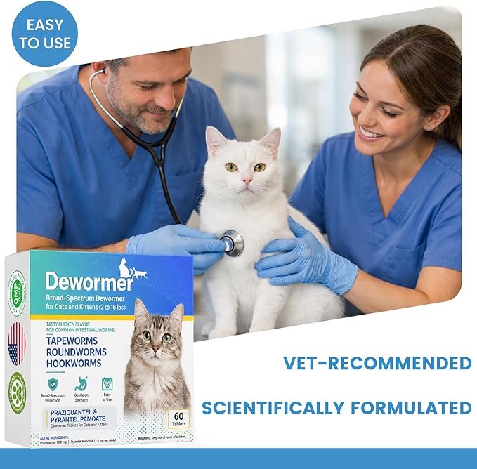 Broad-Spectrum Dewormer for Cats and Kittens,Cat Dewormer for All wormers(Praziquantel, Pyrantel Pamoate) for Hookworms, Tapeworms & Roundworms, 60 Tablets