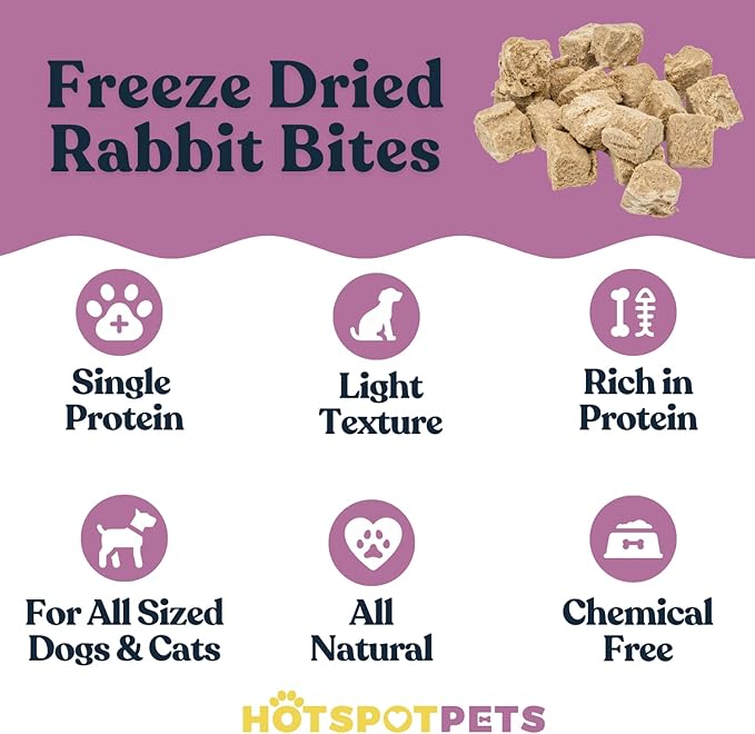 hotspot pets Freeze Dried Rabbit Treats for Dogs & Cats, USA Made - 1LB Bag 600+ Pcs, Single Ingredient Rabbit Bites - High Protein, Training Reward & Food Topper - Grain Free, Low Calorie Snack