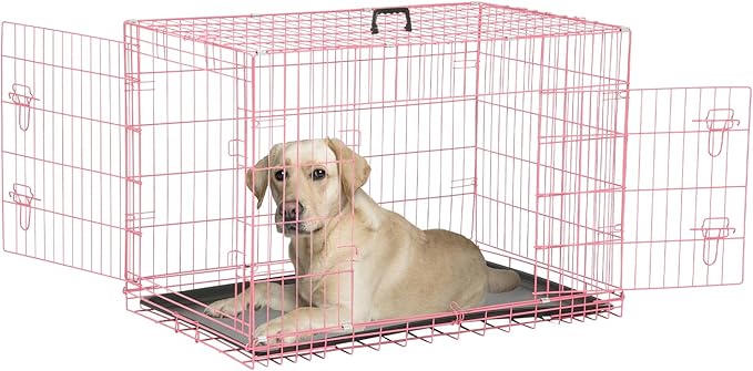 Dog Crate, Wire Kennel with Divider Panel, Metal Cages with Double Door, Leak-Proof Pan Tray, Folding Portable Pet Dog Cage for Indoor Outdoor Travel (Pink, 48")