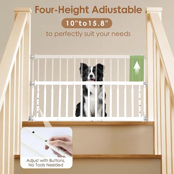 10''-15.8'' Height Adjustable Dog Gate, Extra Wide 18.1"-46" All Metal Short Dog Gate to Step Over, Pressure Mount Small Pet Puppy Gate for Stairs & Doorways(White)