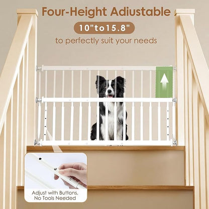 10''-15.8'' Height Adjustable Dog Gate, Extra Wide 18.1"-46" All Metal Short Dog Gate to Step Over, Pressure Mount Small Pet Puppy Gate for Stairs & Doorways(White)
