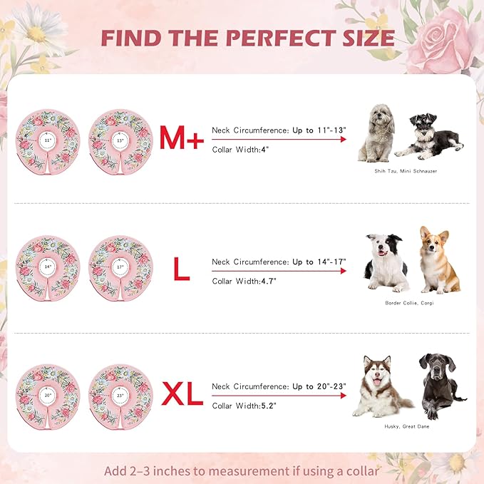 IEUUMLER Inflatable Recovery Dog Cone Collar, Neck Donut Protective ECollar, Adjustable Soft Collar for Dog and Cat After Surgery Prevent from Biting & Licking EU020 Floral Wreath M+
