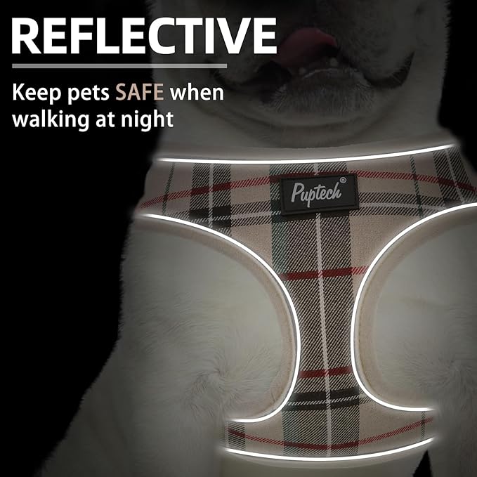 PUPTECK Soft Mesh Dog Harness Small Sized and Leash Set Pet Puppy Cat Comfort Padded Vest No Pull Harnesses, Beige Plaid, Openable Neck, New XS