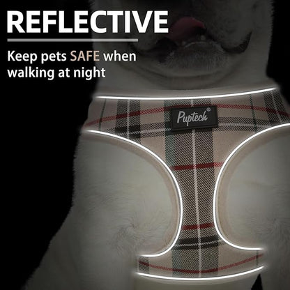 PUPTECK Soft Mesh Dog Harness Small Sized and Leash Set Pet Puppy Cat Comfort Padded Vest No Pull Harnesses, Beige Plaid, Openable Neck, New XS