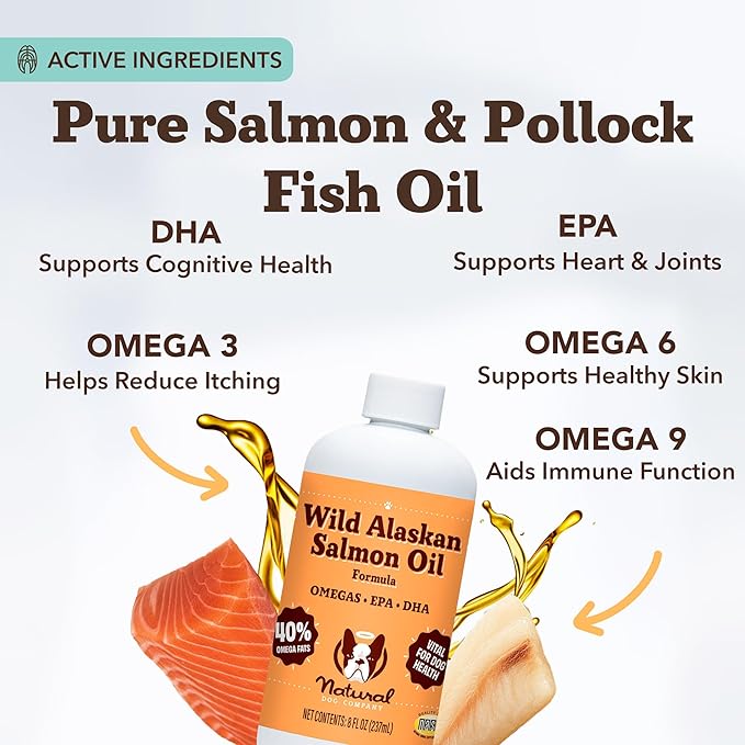 Natural Dog Company Wild Alaskan Salmon Oil Formula with Omega 3, Fish Oil for Dogs Supplement, Skin & Coat Dog Oil, Itchy Relief, Immune Support for Joints & Heart, Liquid Food Topper, 8 oz.