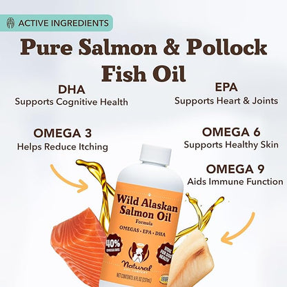 Natural Dog Company Wild Alaskan Salmon Oil Formula with Omega 3, Fish Oil for Dogs Supplement, Skin & Coat Dog Oil, Itchy Relief, Immune Support for Joints & Heart, Liquid Food Topper, 8 oz.