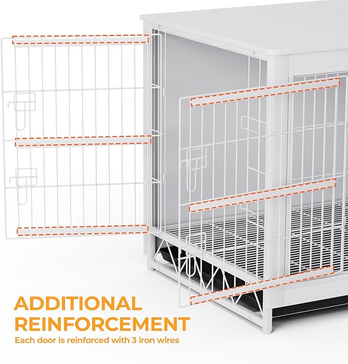 TLSUNNY Dog Crate Furniture, 44.1" Wooden Side End Table, Modern Dog Kennel with Double Doors, Heavy-Duty Dog Cage w/Pull-Out Removable Tray, Indoor Medium/Large/Small Pet House Furniture, White