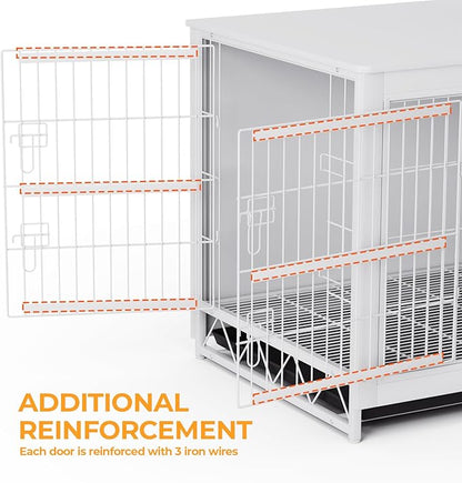 TLSUNNY Dog Crate Furniture, 44.1" Wooden Side End Table, Modern Dog Kennel with Double Doors, Heavy-Duty Dog Cage w/Pull-Out Removable Tray, Indoor Medium/Large/Small Pet House Furniture, White